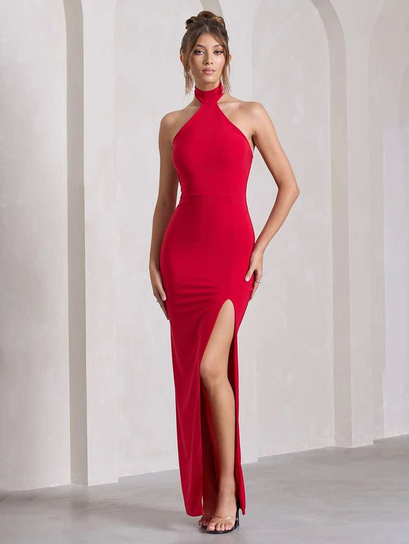 women solid halter neck high slit dress