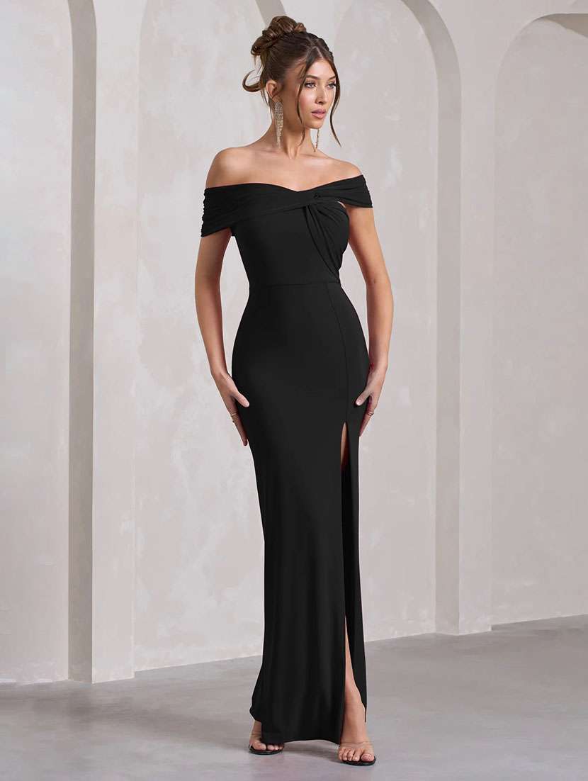women solid off shoulder high slit dress - 22518347 -  Standard Image - 2
