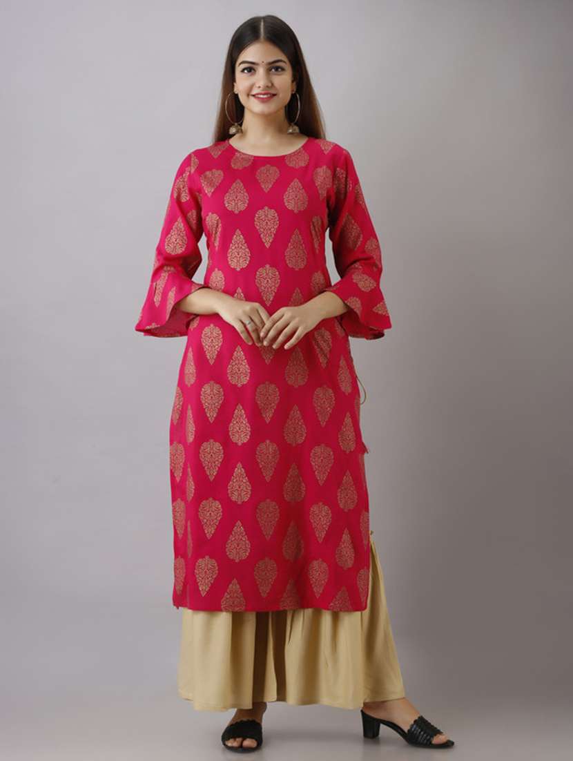 women printed three quarter sleeve kurta sharara set