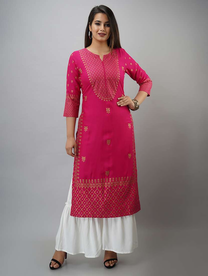 women printed three quarter sleeve kurta sharara set
