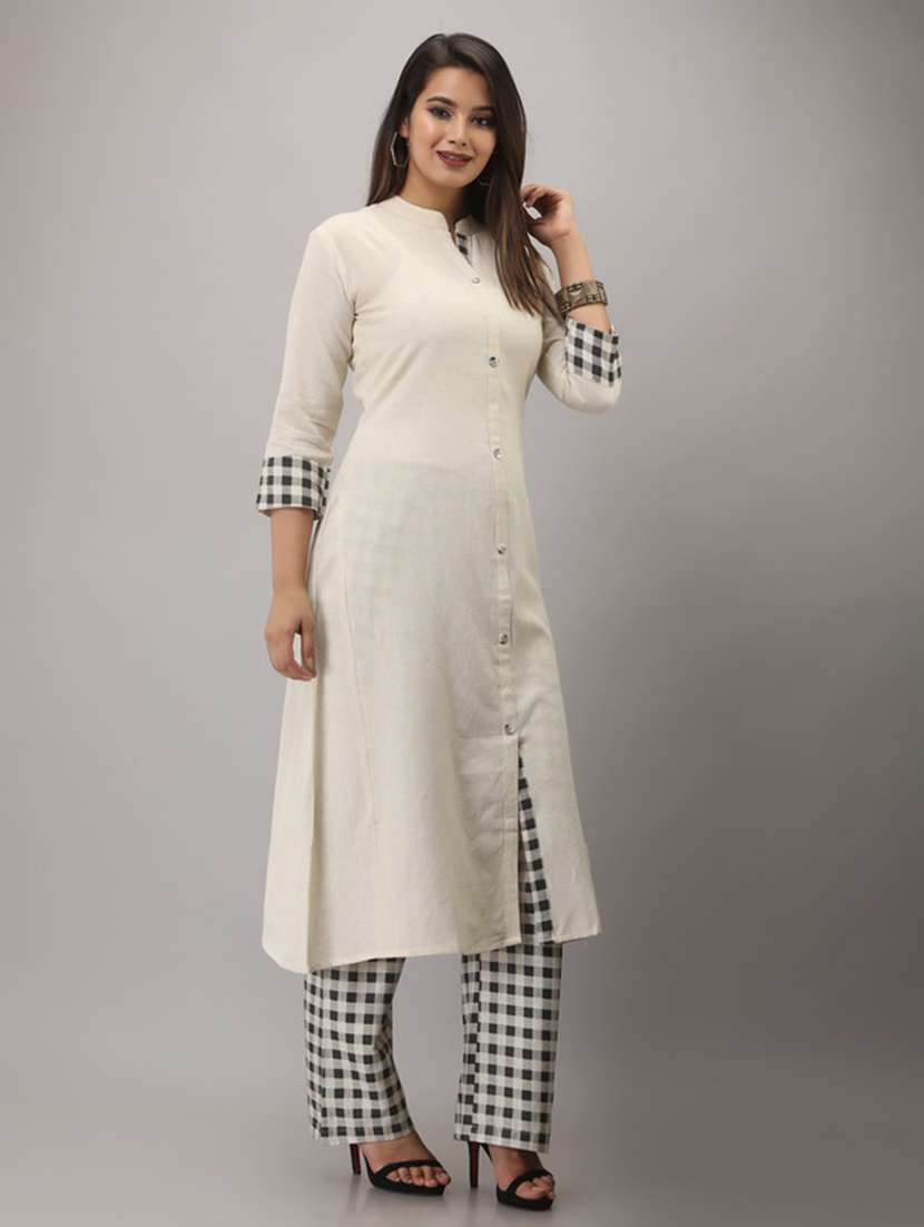 women solid three quarter sleeve kurta pant set - 22518394 -  Standard Image - 2