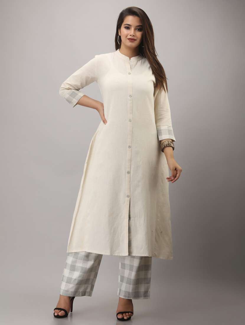 women solid three quarter sleeve kurta pant set
