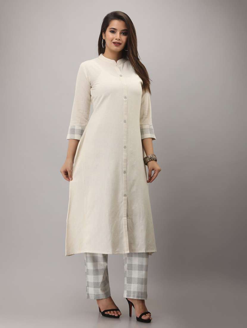 women solid three quarter sleeve kurta pant set - 22518395 -  Standard Image - 2