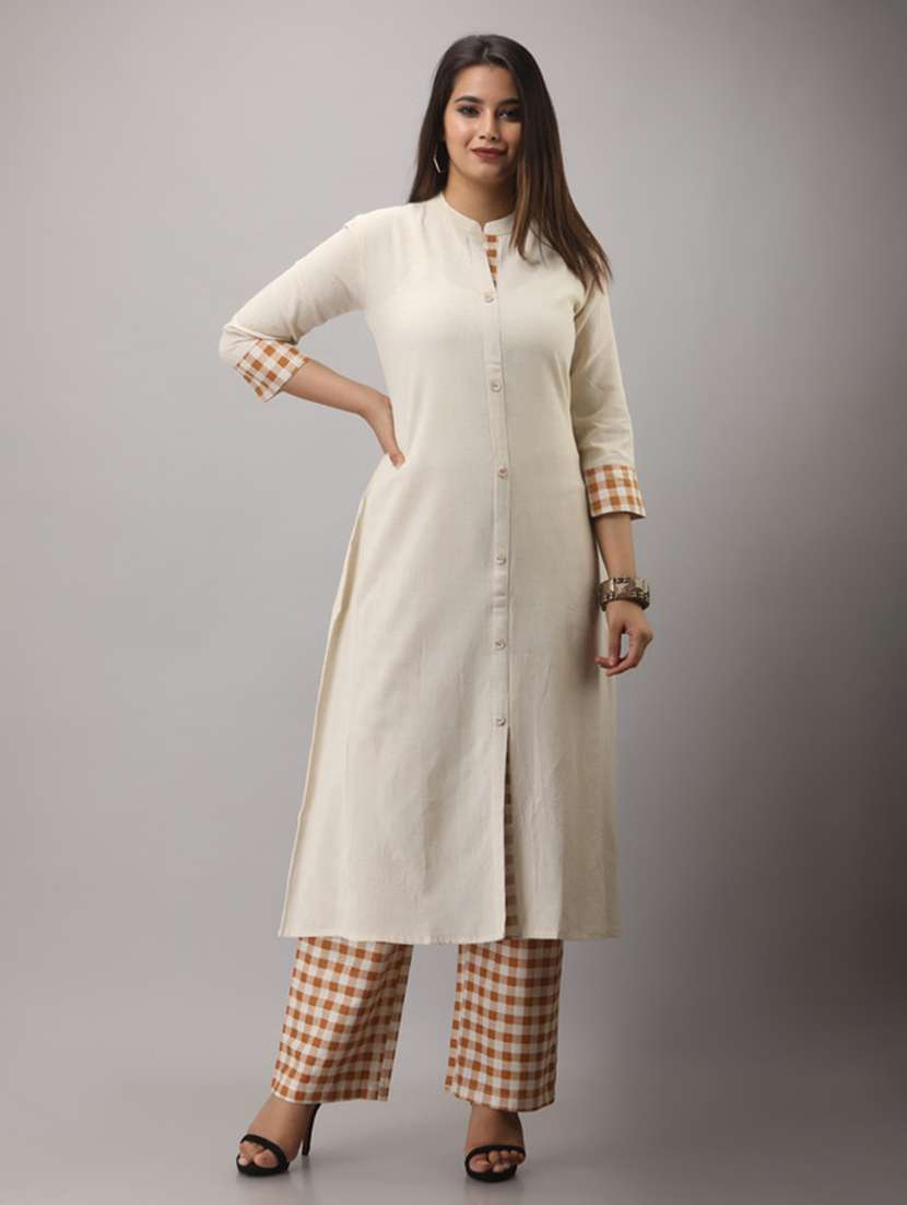 women solid three quarter sleeve kurta pant set