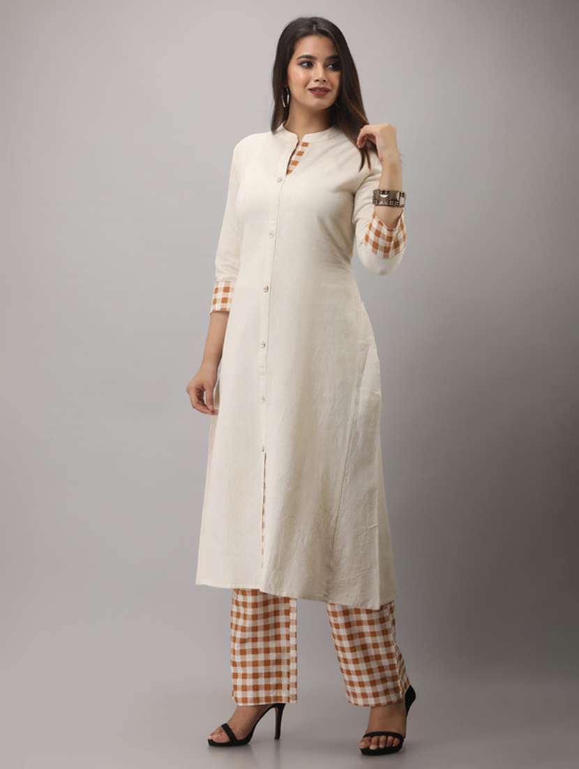 women solid three quarter sleeve kurta pant set - 22518396 -  Standard Image - 2