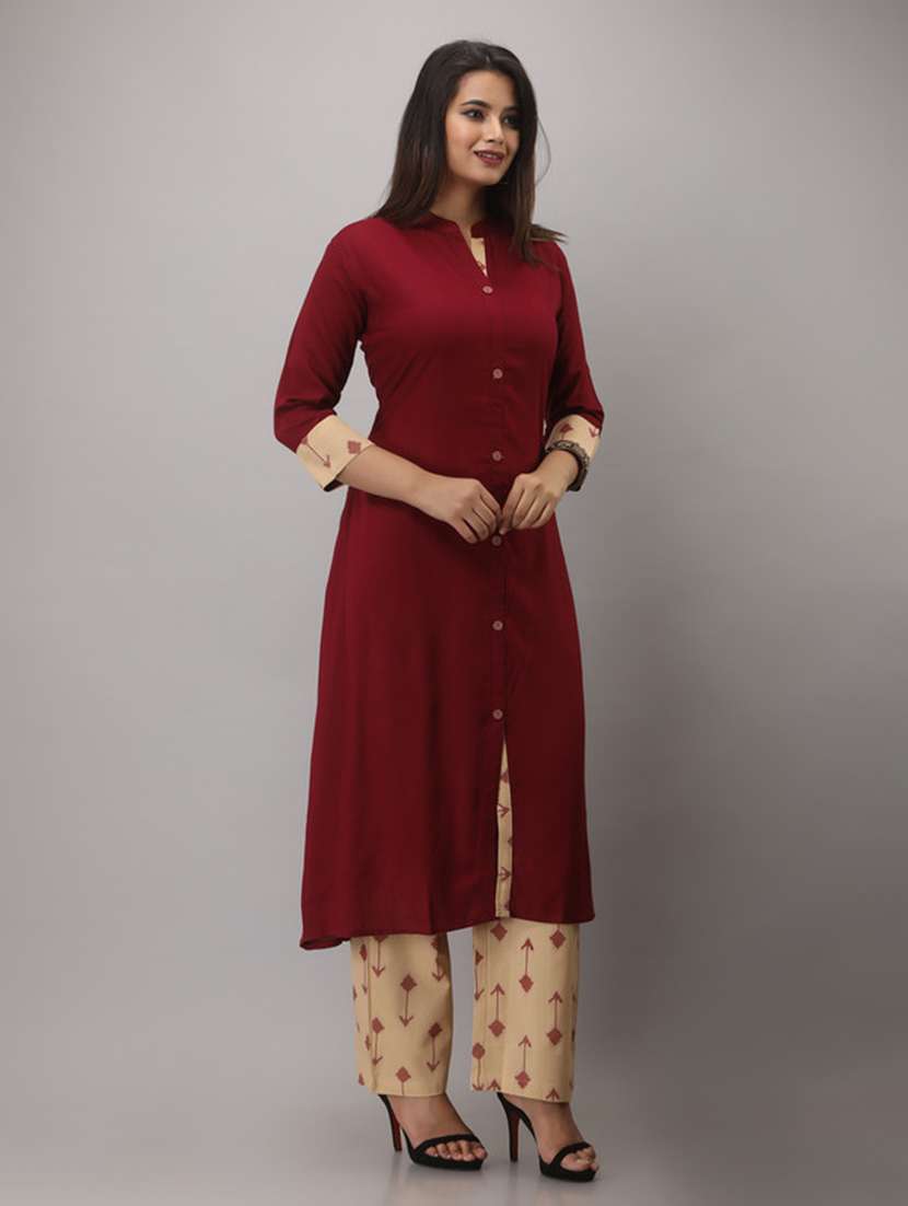 women solid three quarter sleeve kurta pant set - 22518397 -  Standard Image - 2