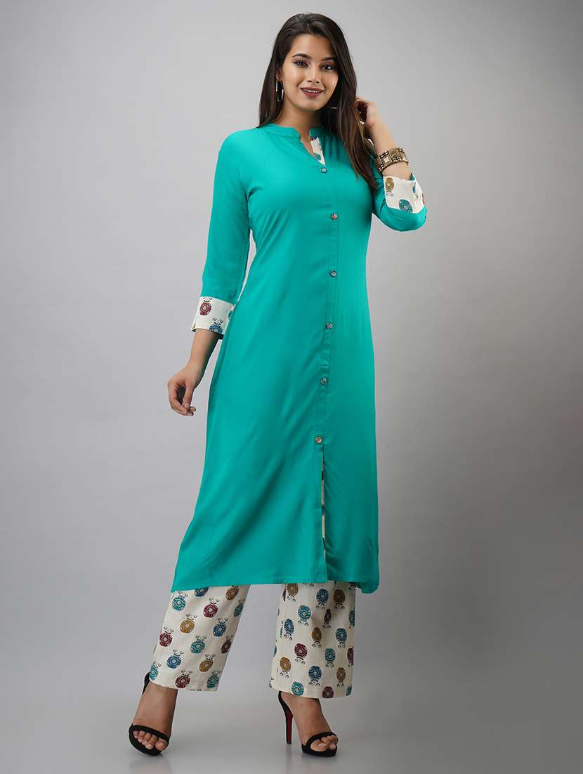 women solid three quarter sleeve kurta pant set - 22518398 -  Standard Image - 2