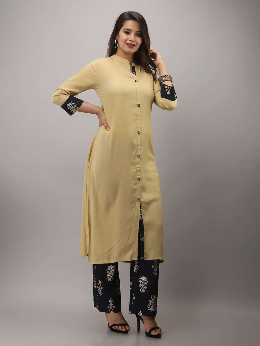 women solid three quarter sleeve kurta pant set - 22518400 -  Standard Image - 2