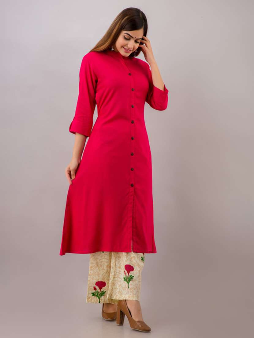 Women Solid Three Quarter Sleeve Kurta Palazzo Set - 22518408 -  Standard Image - 2