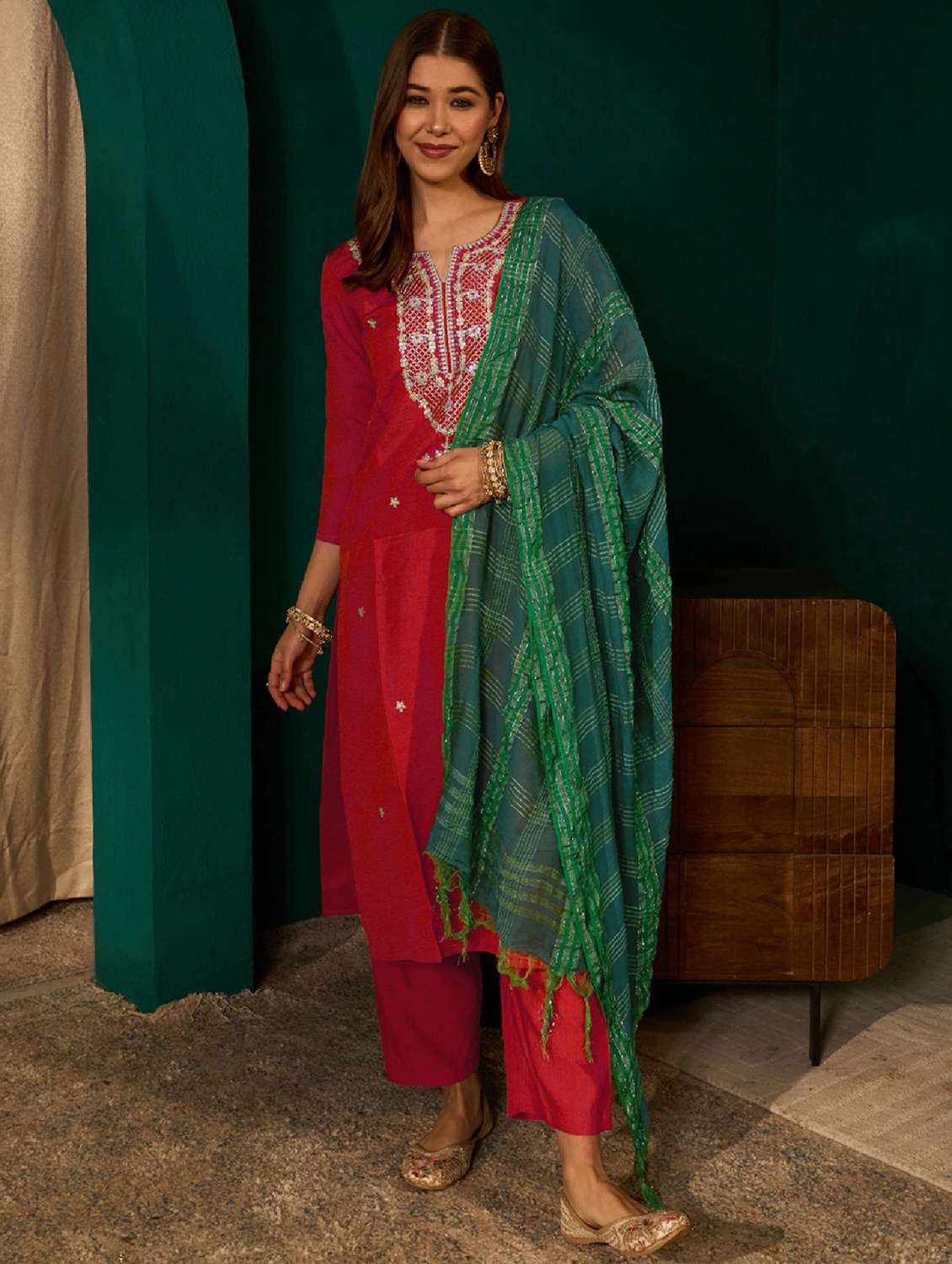 women embroidered three quarter sleeve kurta pant with dupatta set - 22518506 -  Standard Image - 2