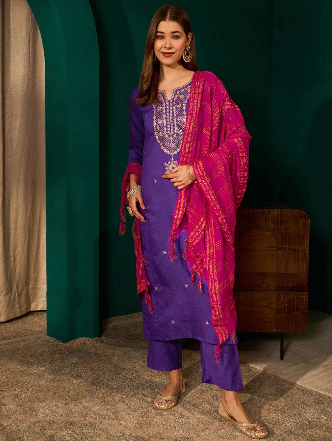 women embroidered three quarter sleeve kurta pant with dupatta set - 22518508 -  Standard Image - 2