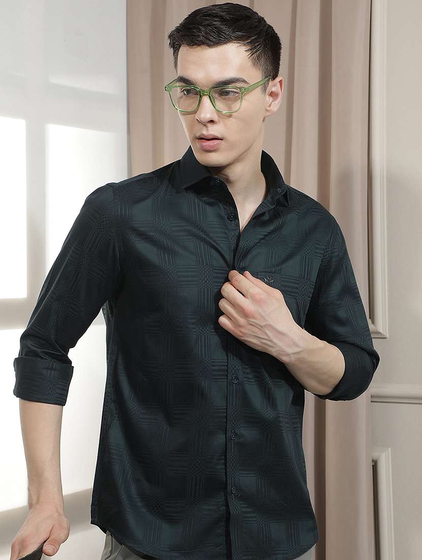 men self design long sleeve slim fit casual shirt