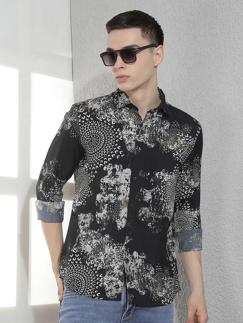 men printed long sleeve slim fit casual shirt
