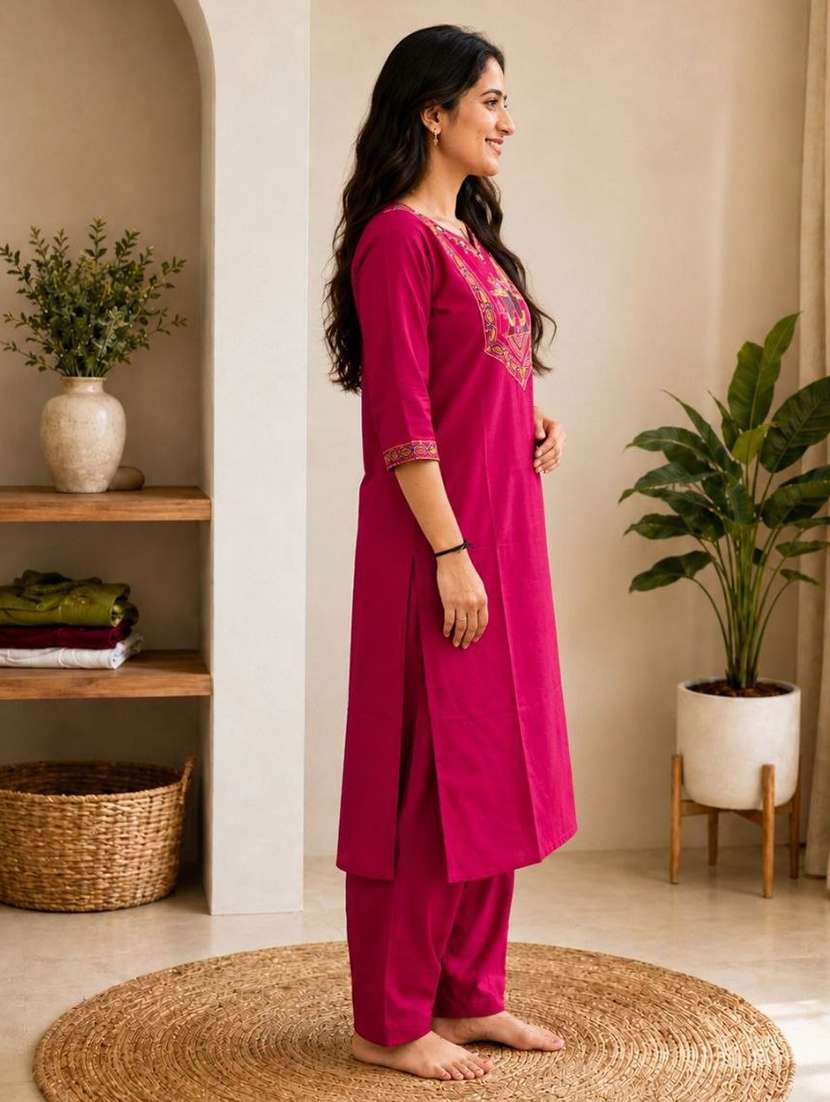 women embroidered three quarter sleeve kurta pant set - 22519101 -  Standard Image - 2