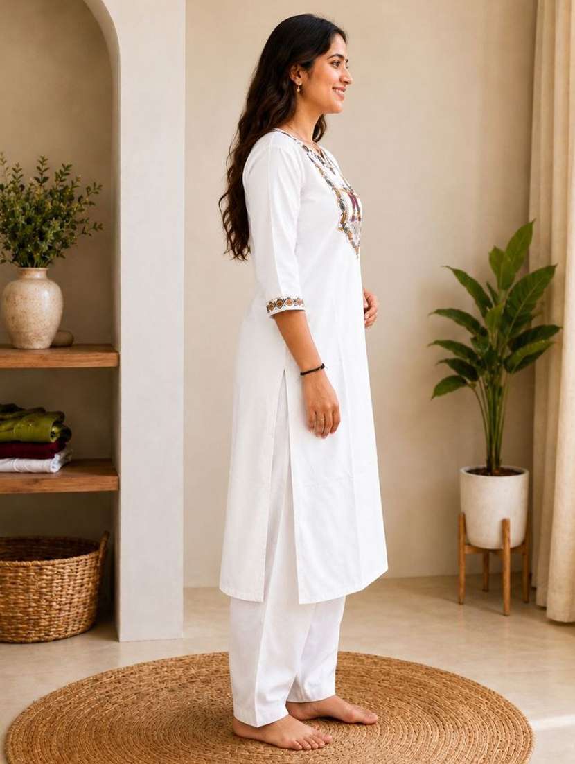 women embroidered three quarter sleeve kurta pant set - 22519102 -  Standard Image - 2
