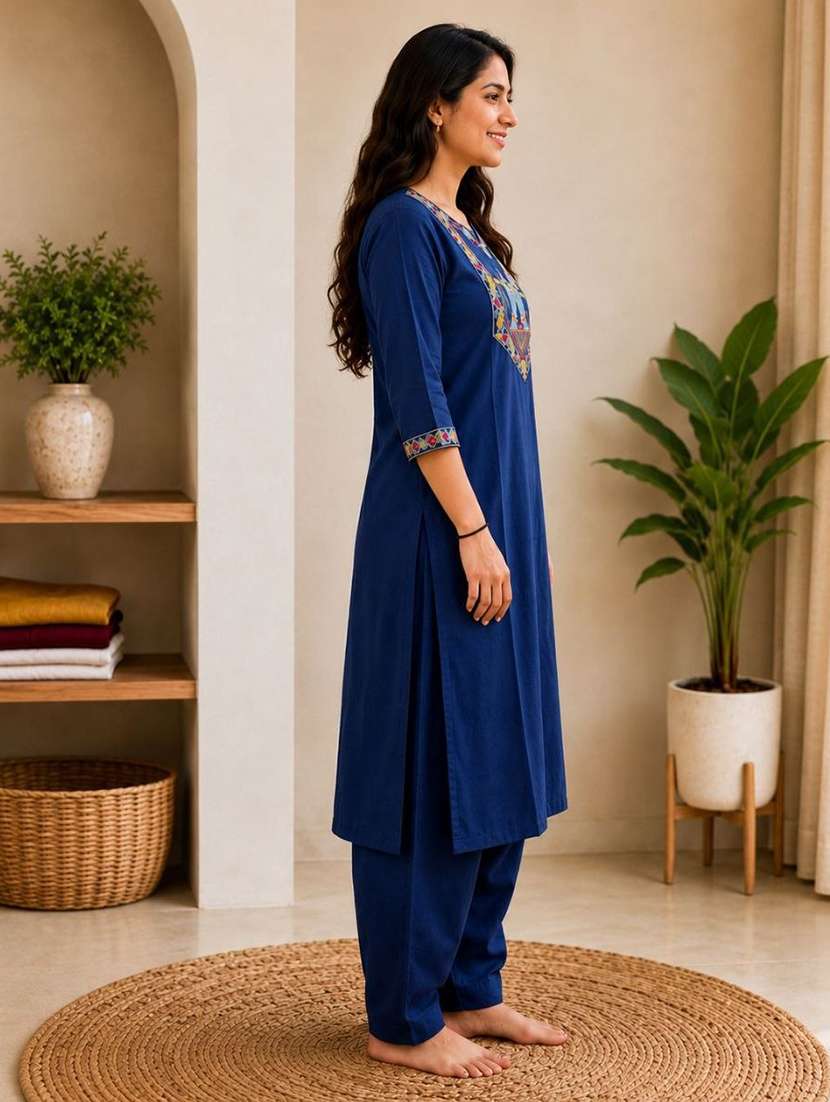 women embroidered three quarter sleeve kurta pant set - 22519103 -  Standard Image - 2