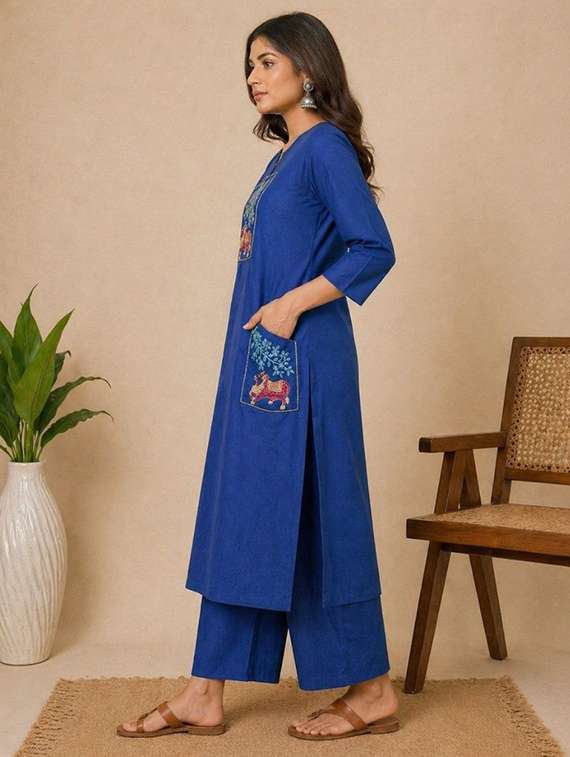women embroidered three quarter sleeve kurta pant set - 22519105 -  Standard Image - 2