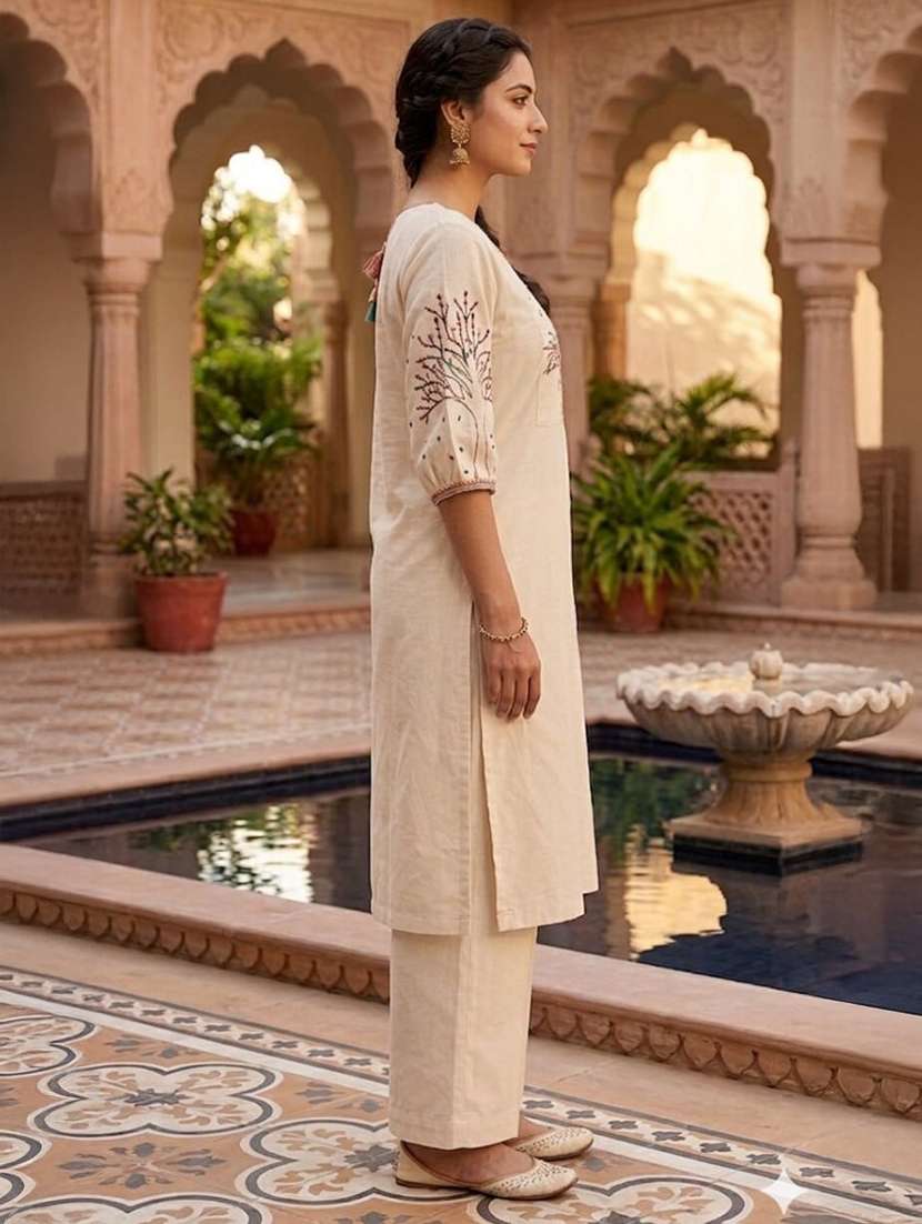 women embroidered three quarter sleeve kurta pant set - 22519109 -  Standard Image - 2