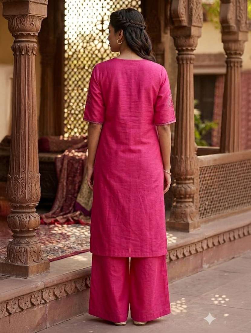 women embroidered short sleeve kurta palazzo set - 22519111 -  Standard Image - 2
