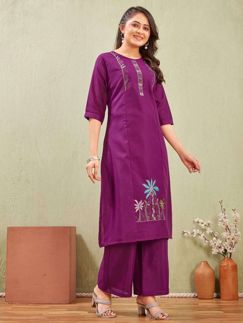 women embroidered three quarter sleeve kurta palazzo set - 22519112 -  Standard Image - 2
