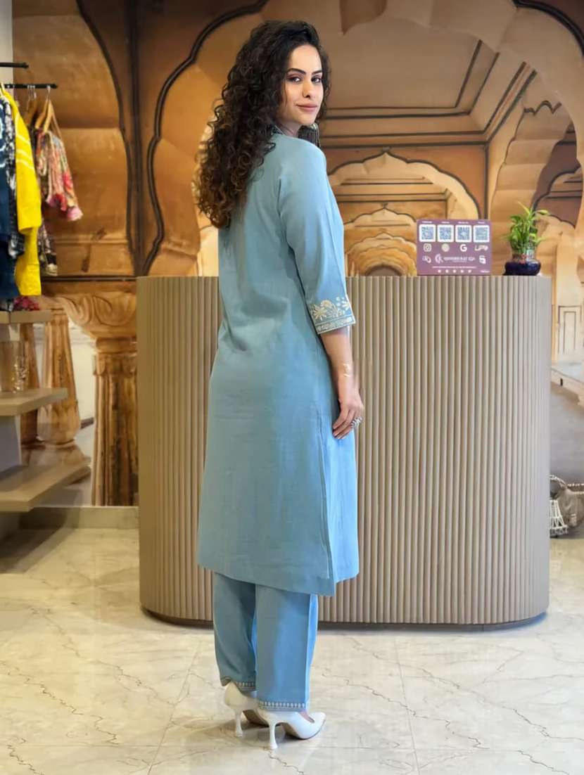 women embroidered three quarter sleeve kurta pant set - 22519127 -  Standard Image - 2