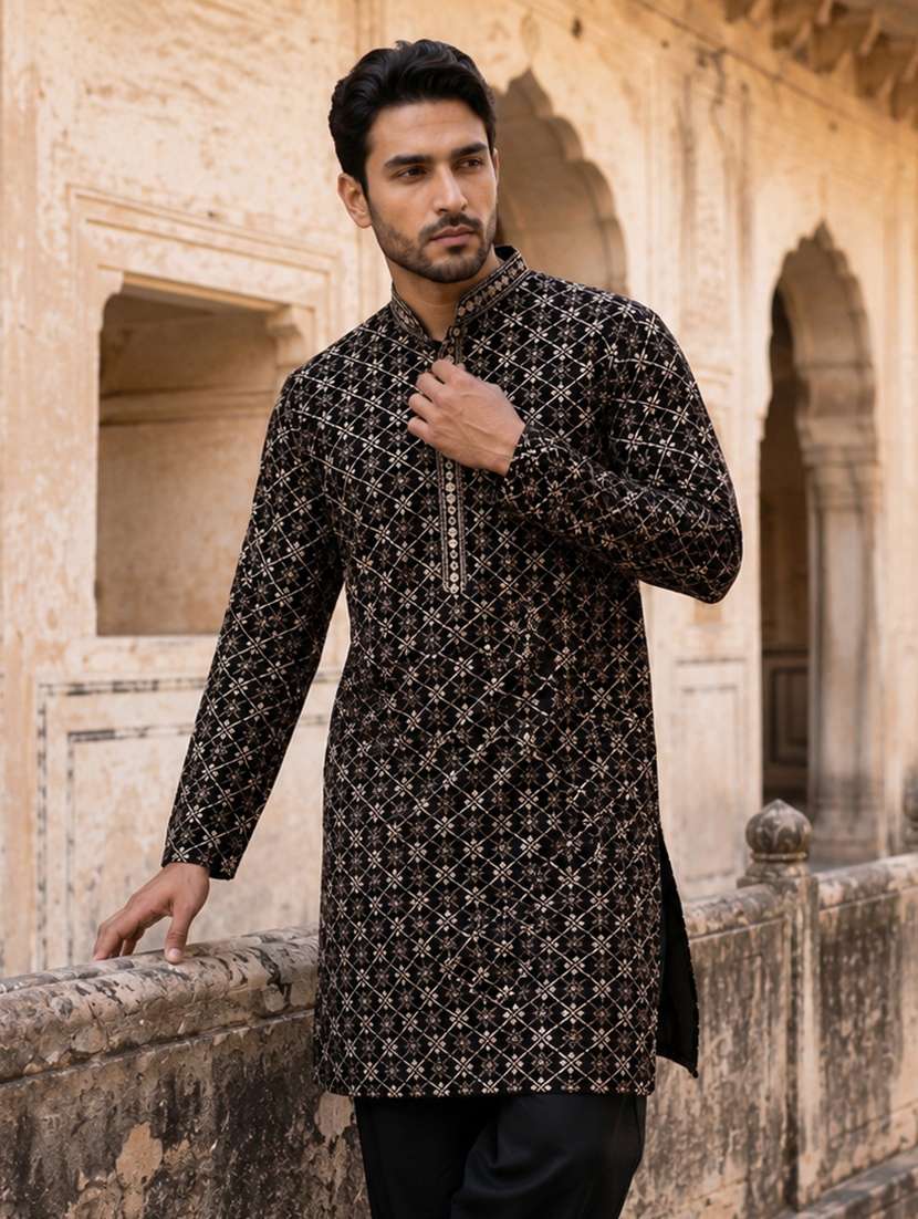 men embroidered mandarin neck long kurta - 22519320 -  Standard Image - 2