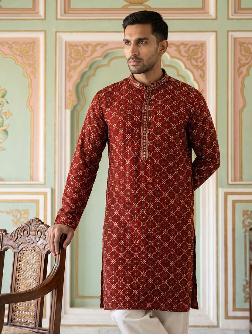 men embroidered mandarin neck long kurta - 22519321 -  Standard Image - 2