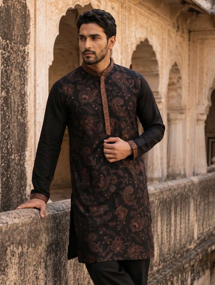 men embroidered mandarin neck long kurta