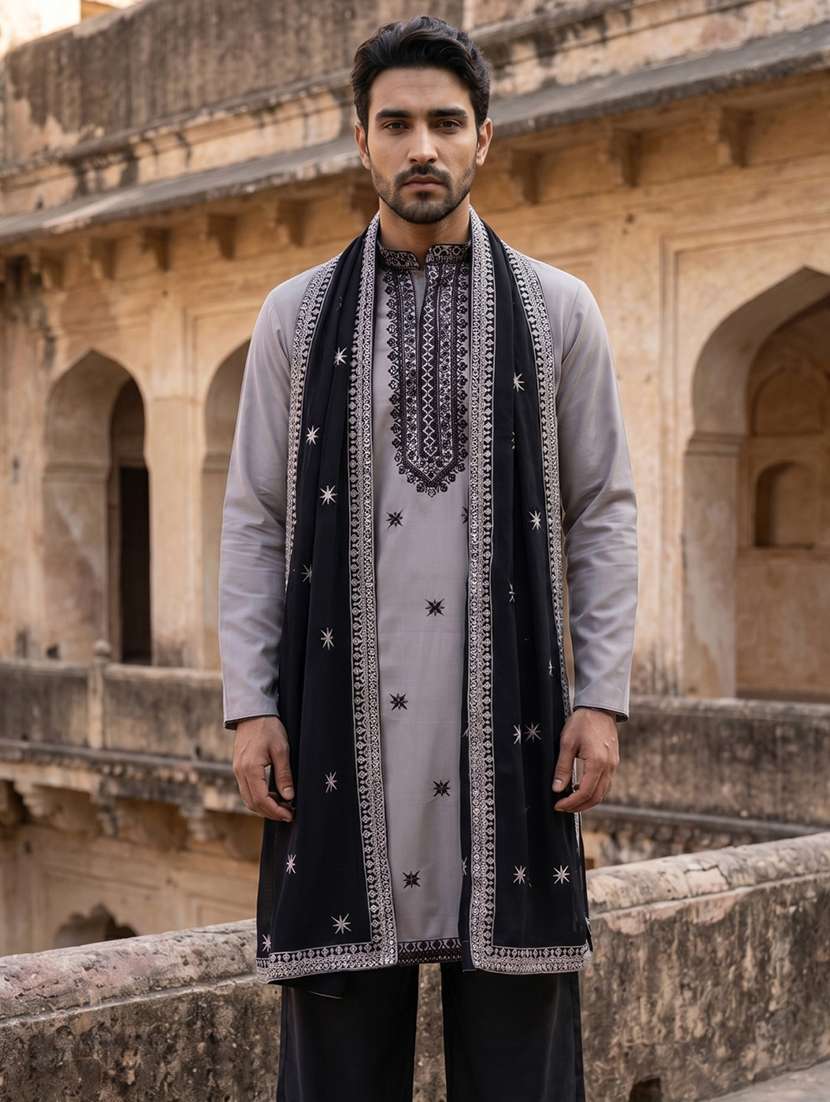 men embroidered mandarin neck long kurta - 22519325 -  Standard Image - 2