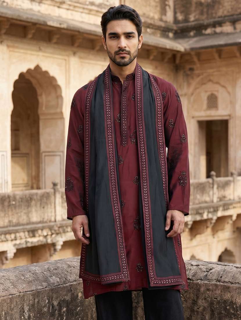 men embroidered mandarin neck long kurta - 22519328 -  Standard Image - 2