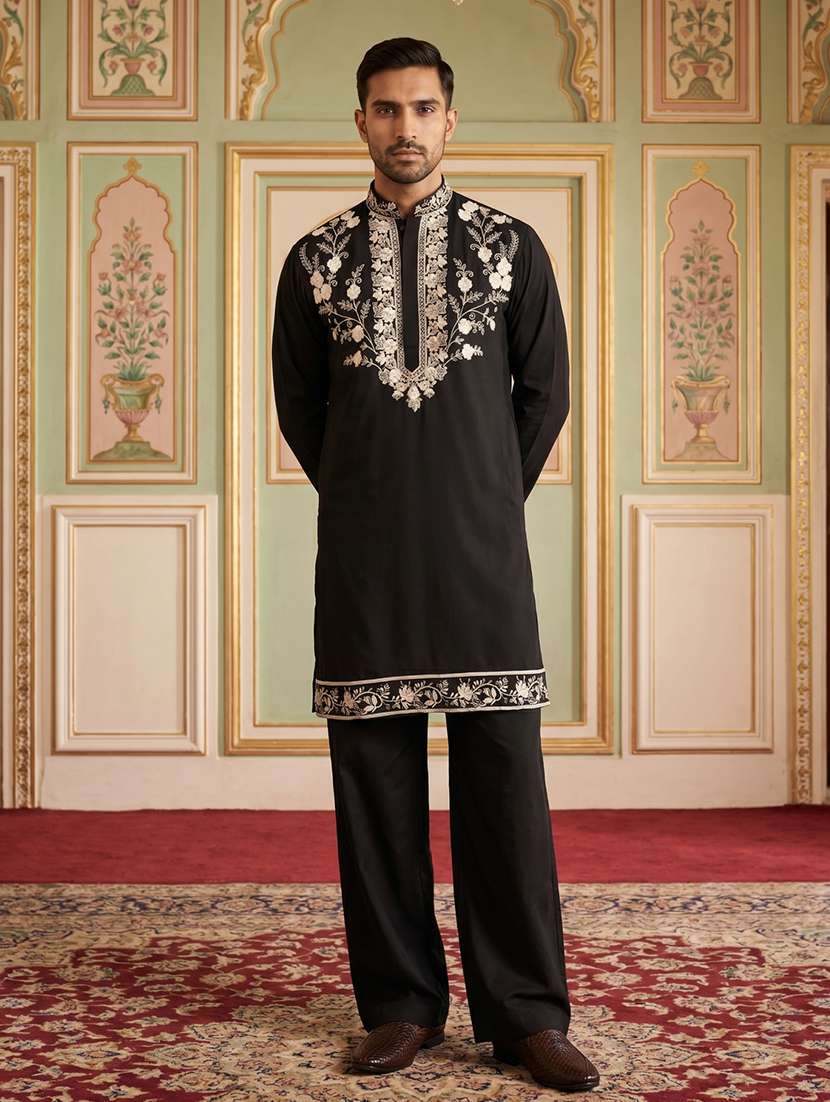 men embroidered mandarin neck kurta pyjama set