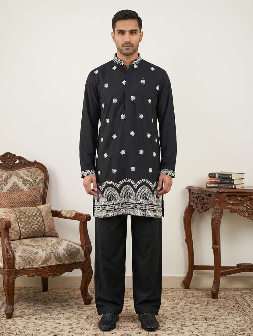 men embroidered mandarin neck kurta pyjama set