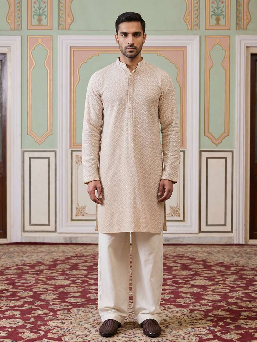 men embroidered mandarin neck kurta pyjama set
