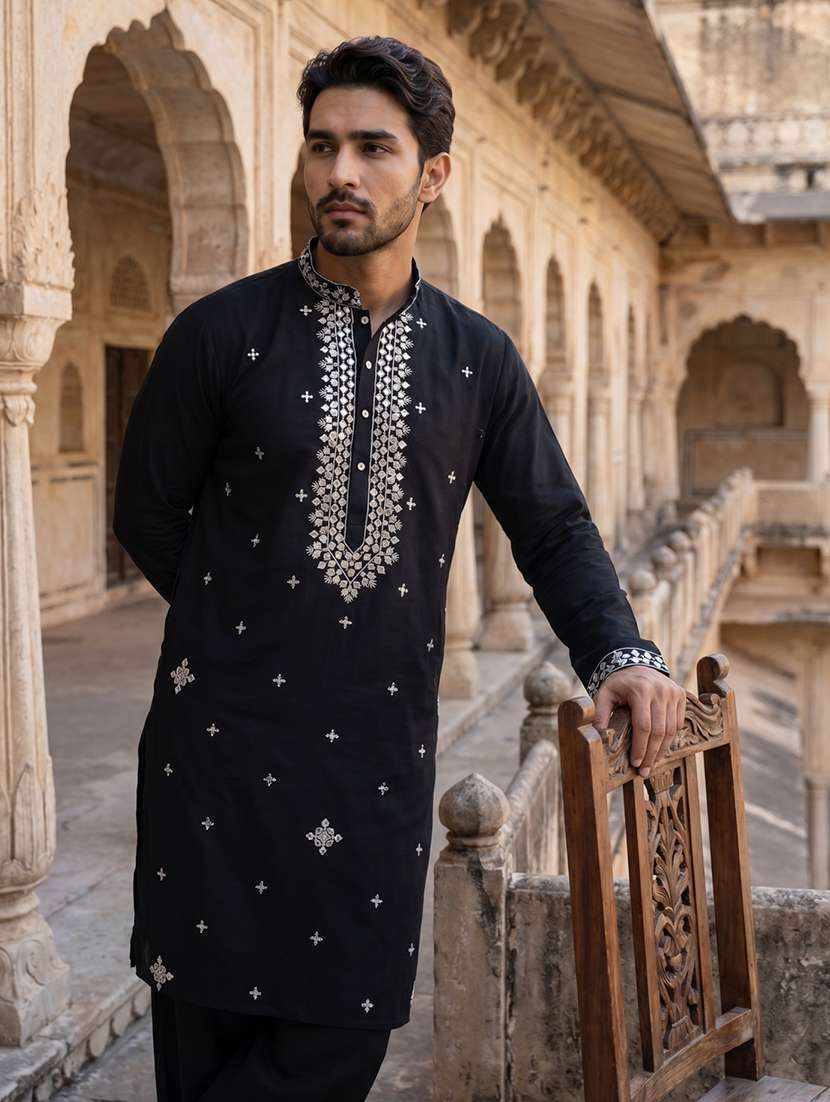 men embroidered mandarin neck kurta pyjama set - 22520083 -  Standard Image - 2