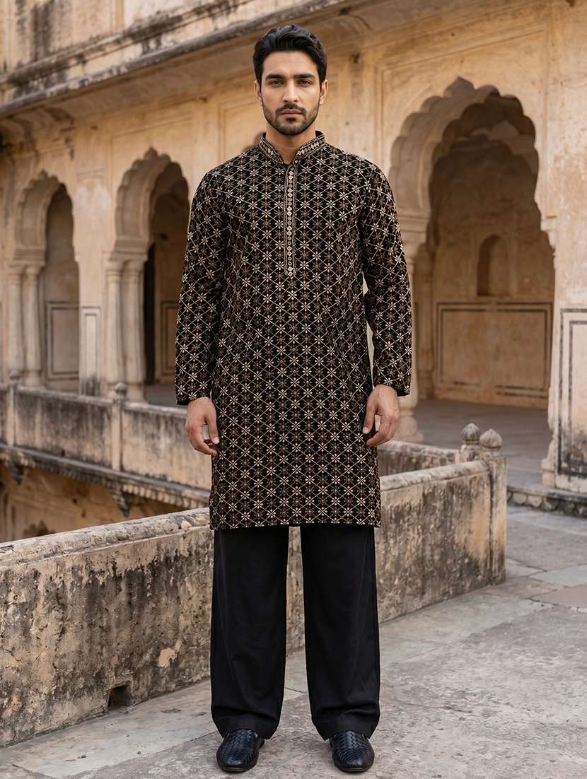 men embroidered mandarin neck kurta pyjama set
