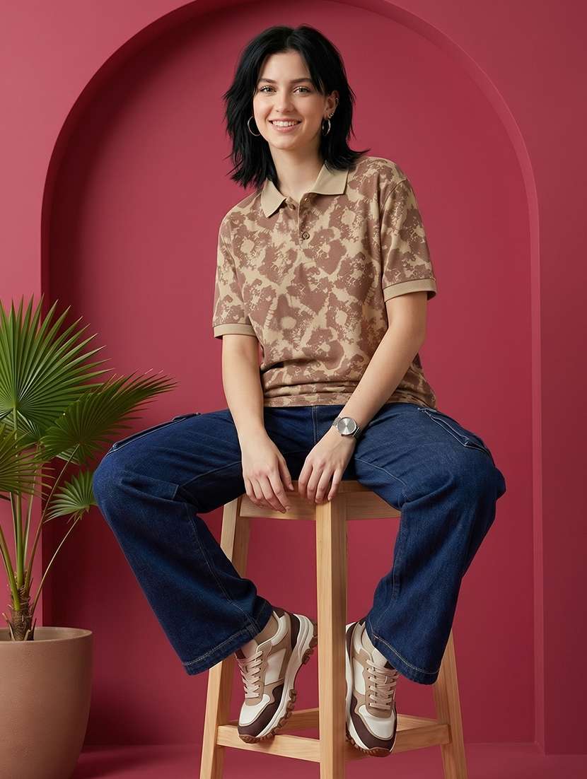 women printed short sleeves oversized polo t-shirt