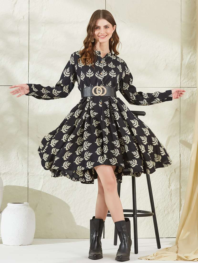 women printed mandarin neck asymmetric dress