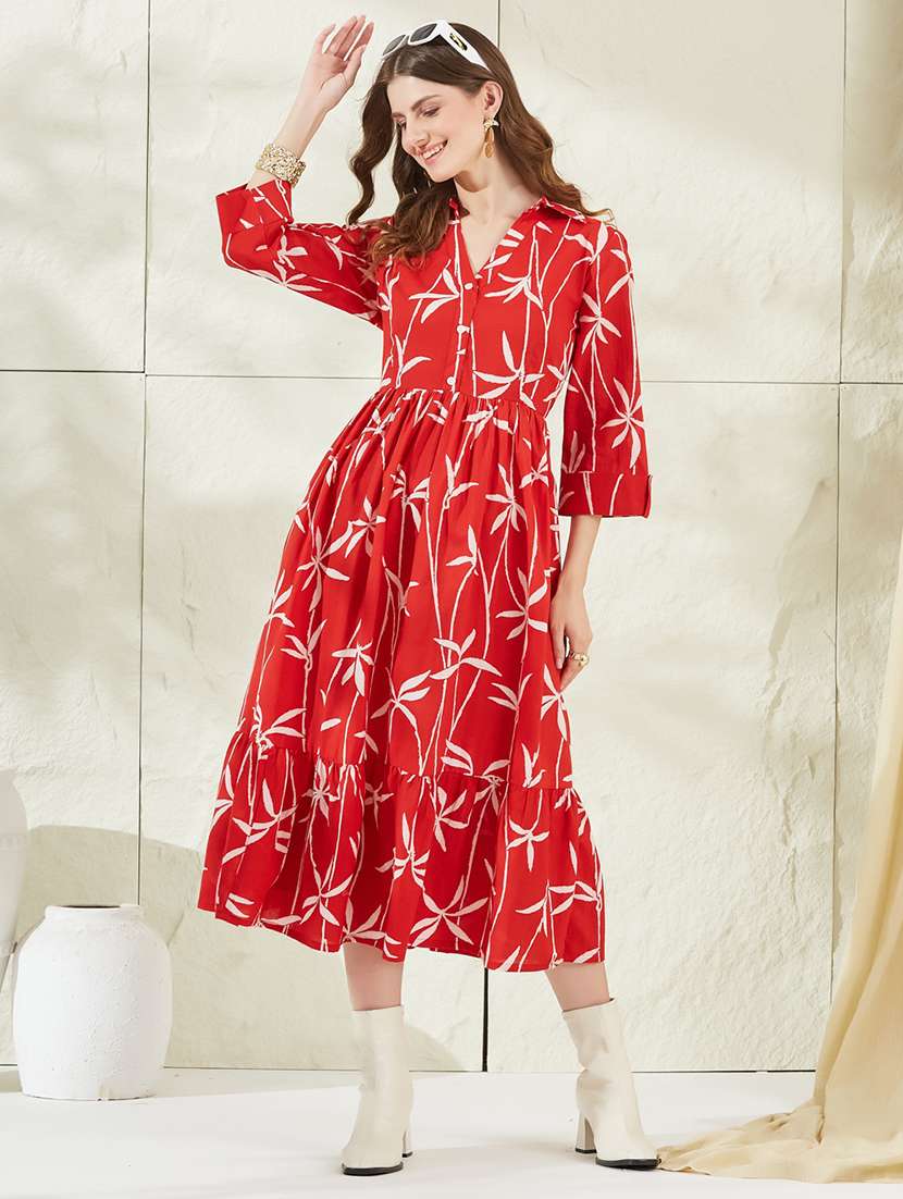 women printed collared tiered dress