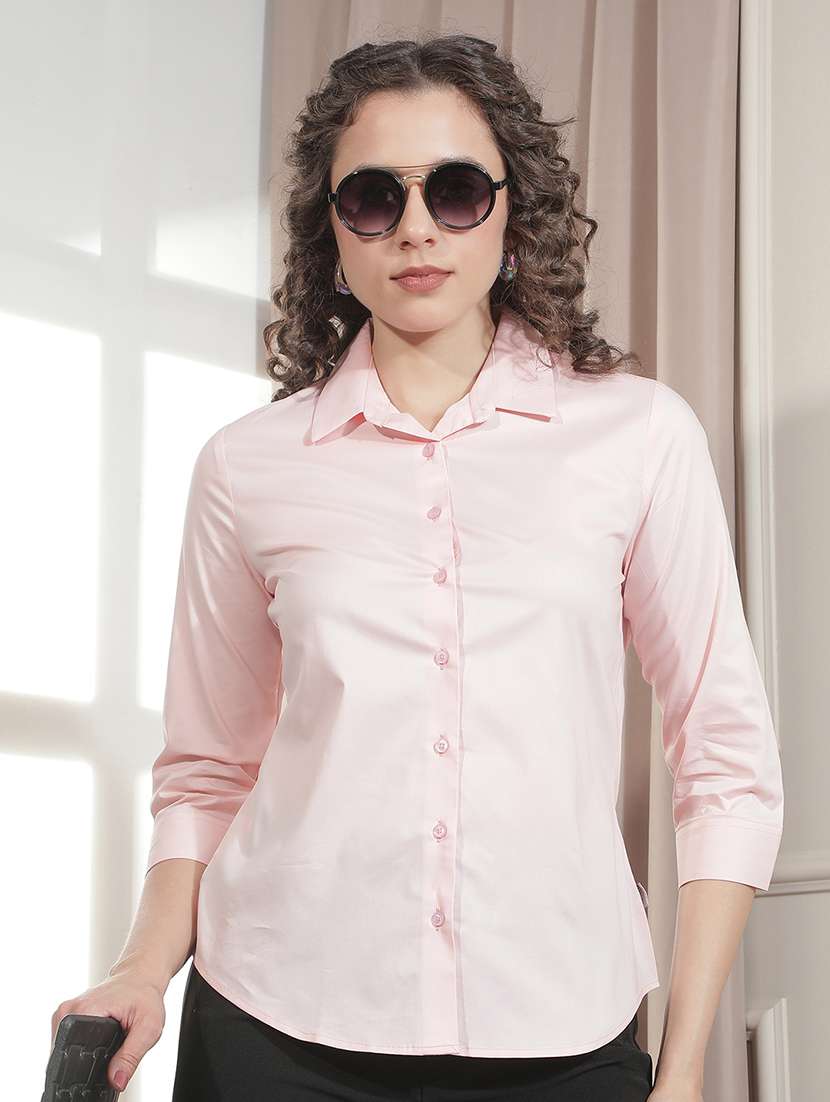 women solid collared regular shirt