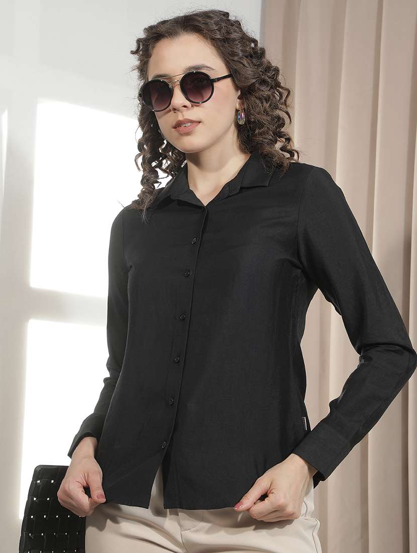 women solid collared regular shirt