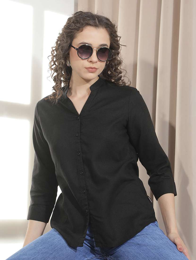 women solid mandarin neck regular shirt