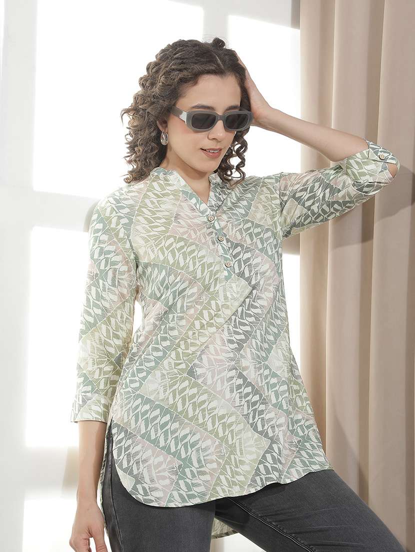 women printed mandarin neck high low kurti