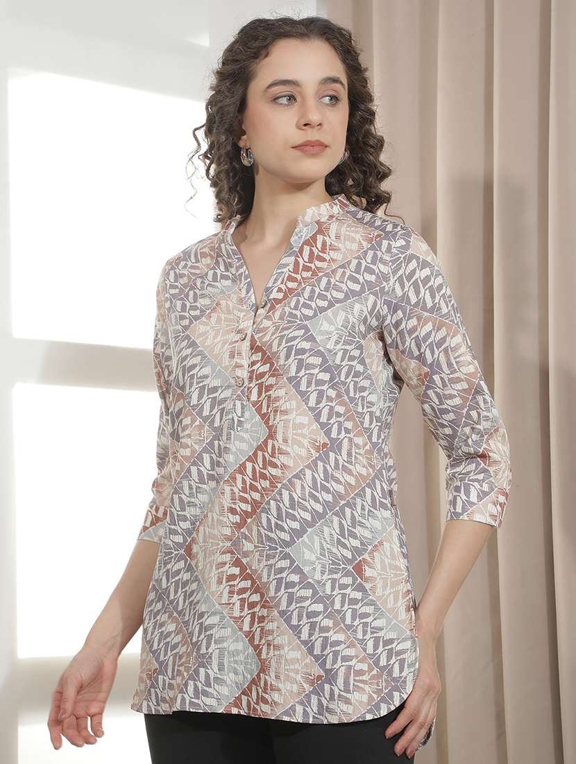 women printed mandarin neck high low kurti - 22521072 -  Standard Image - 2