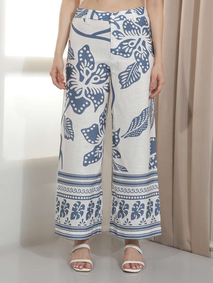 women printed mid rise wide leg trouser