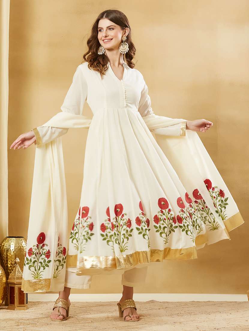 women printed long sleeves kurta pant set with dupatta