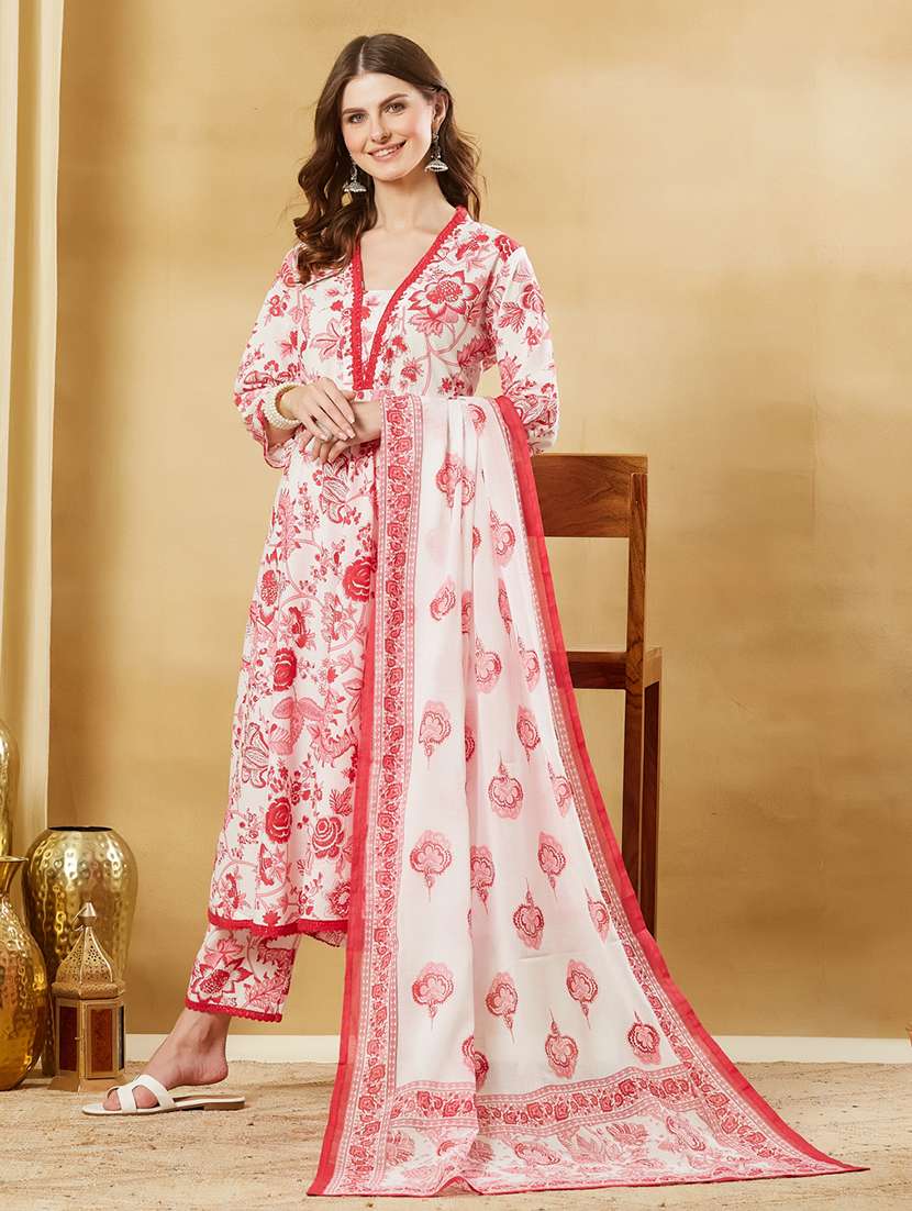 women printed three quarter sleeves kurta pant set with dupatta - 22521185 -  Standard Image - 2