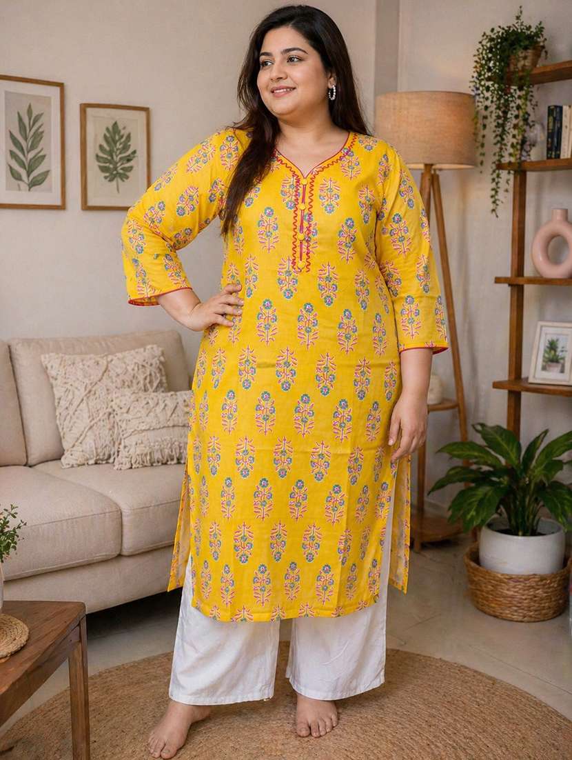 women plus size printed three quarter sleeve straight kurta - 22521350 -  Standard Image - 2