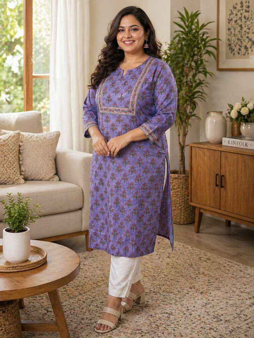 women plus size printed three quarter sleeve straight kurta - 22521354 -  Standard Image - 2