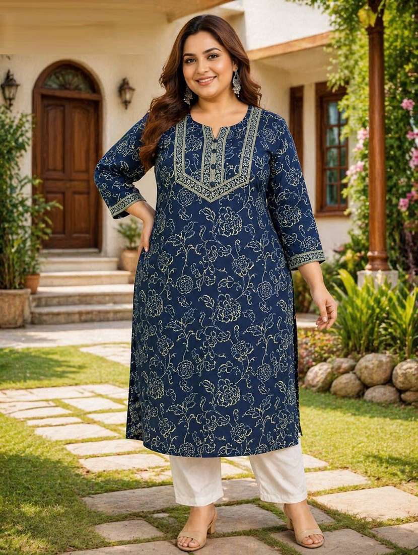 women plus size printed three quarter sleeve straight kurta - 22521355 -  Standard Image - 2