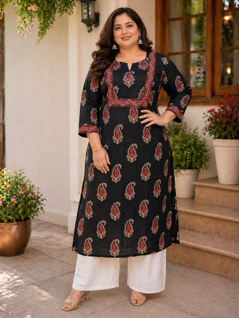 women plus size printed three quarter sleeve straight kurta - 22521363 -  Standard Image - 2